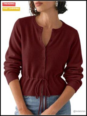 Womens Cropped Cardigan Button Up Tie Front Long Sleeve Sweater